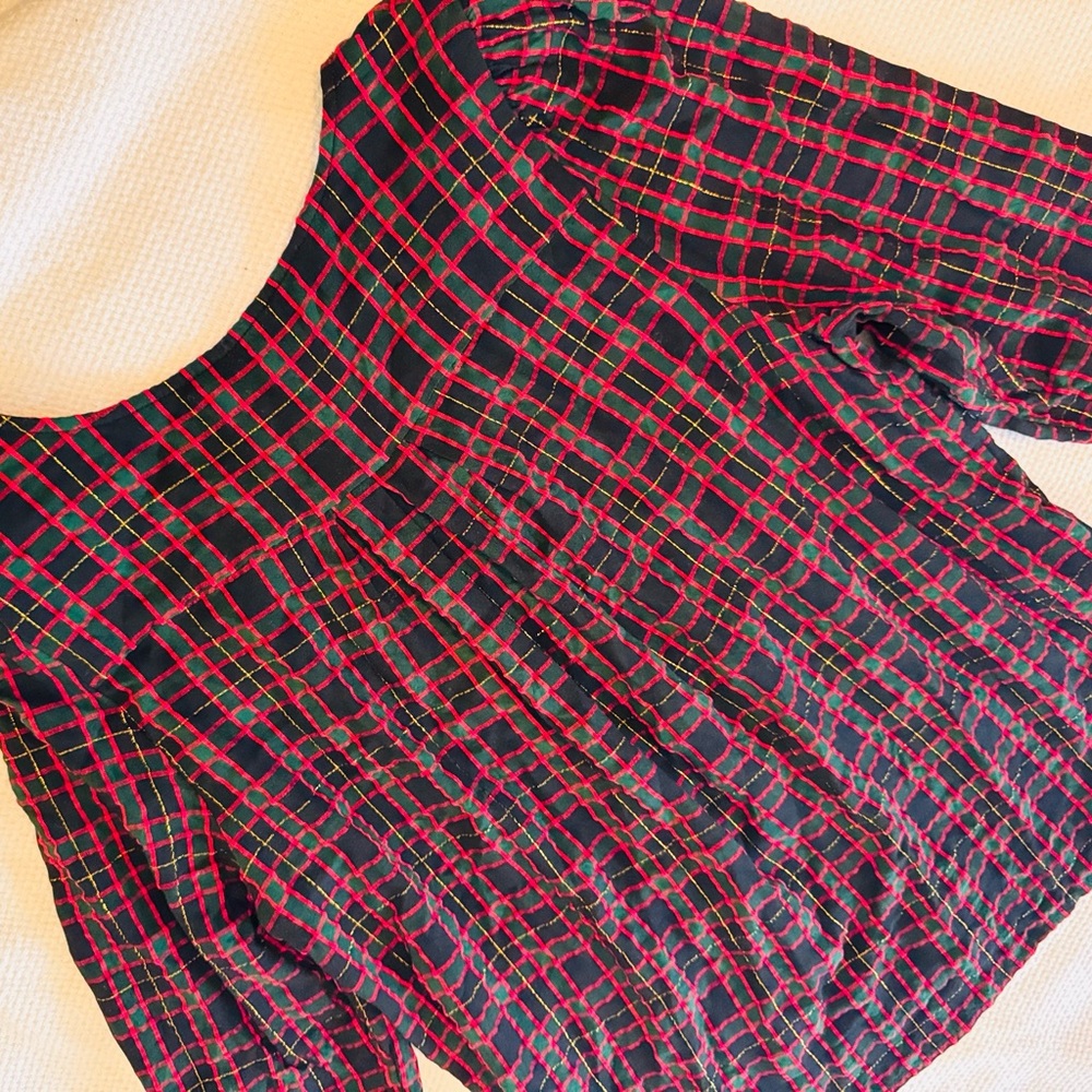 LOFT Black Red Green Gold Plaid V-Neck Blouse Puff Sleeve Top Women’s Shirt - Picture 10 of 16
